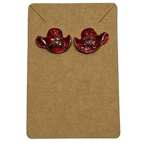 Vintage Red Hat Society Earrings Enameled Rhinestone Gold Tone Pierced Stud Post